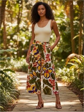 Beautiful Vintage Floral High Waisted Wide Leg Cropped Gaucho Pants